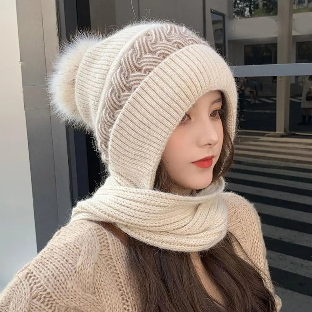 Women's Knitted Hat Double Warm Padded Thickened Hat Scarf Wool Knitting Wind and Snow Beanies Hats