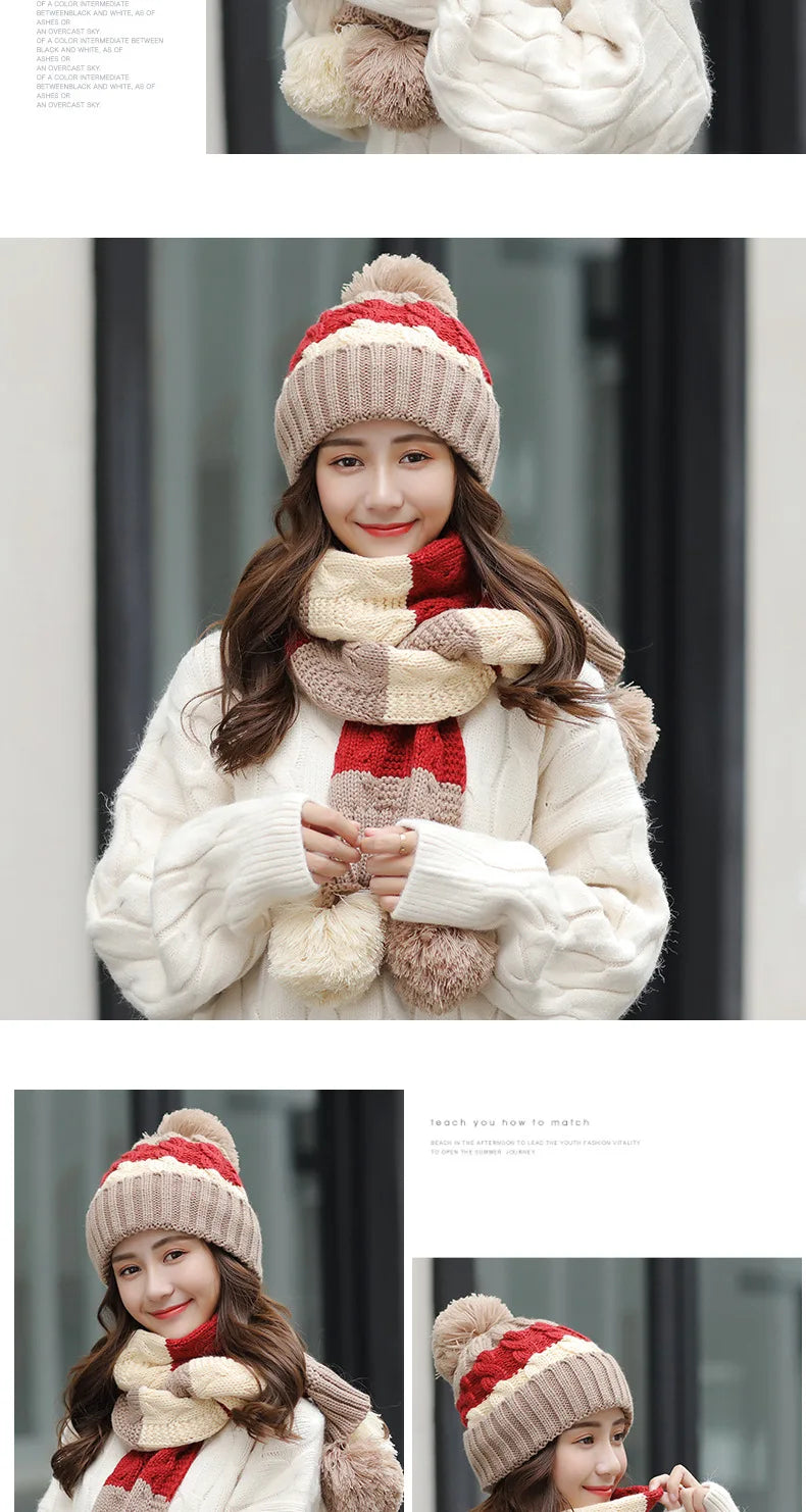 Women's Winter Knit Hat Scarf Two-piece Velvet Beanies Cap Lady Warm Wool Ball Caps Sweet Cute knitted Earmuffs Hats