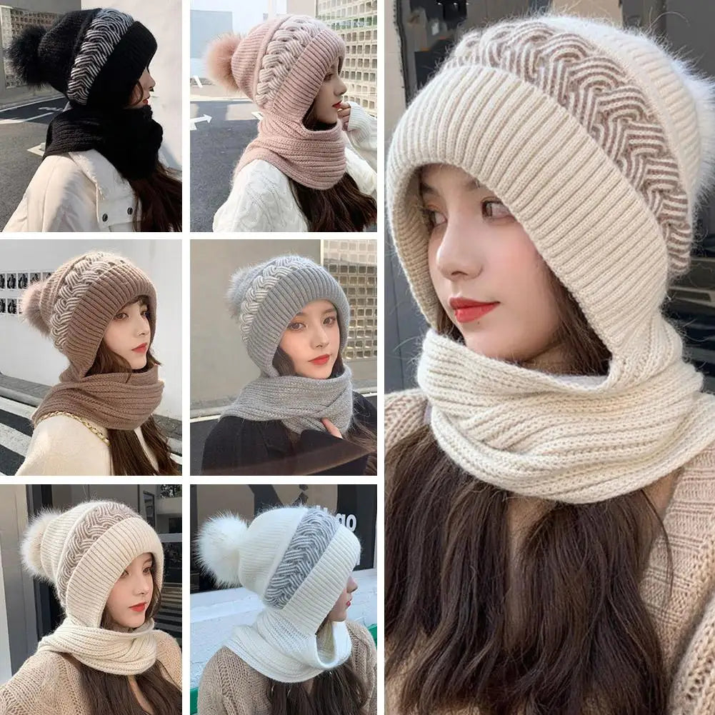 Women's Knitted Hat Double Warm Padded Thickened Hat Scarf Wool Knitting Wind and Snow Beanies Hats