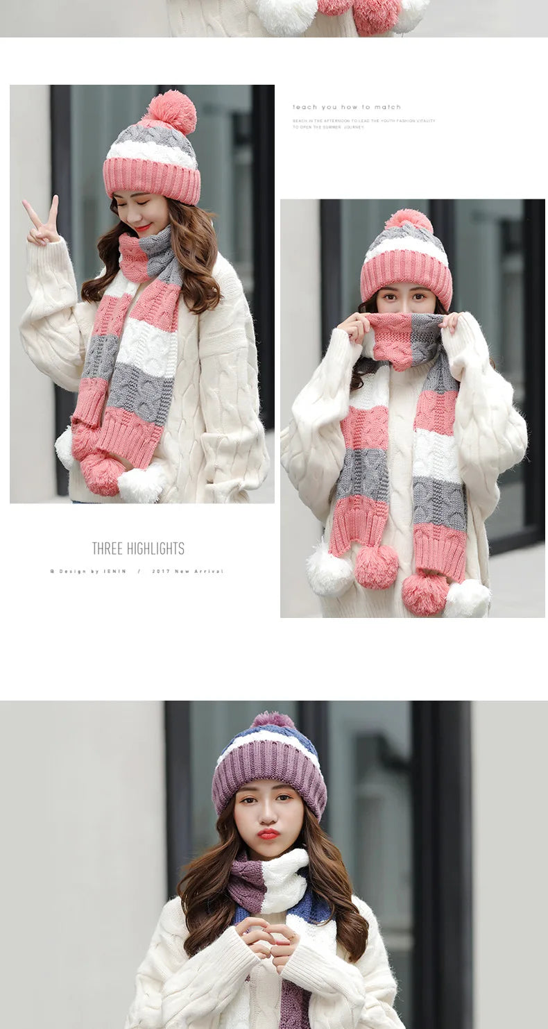 Women's Winter Knit Hat Scarf Two-piece Velvet Beanies Cap Lady Warm Wool Ball Caps Sweet Cute knitted Earmuffs Hats