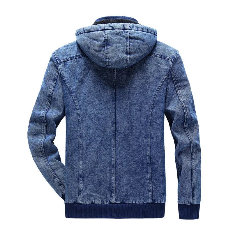ABOORUN Men's Winter Denim Jackets Blue Fleece Hooded Jeans Jacket Brand Casual Cotton Coat for Male - PratSN