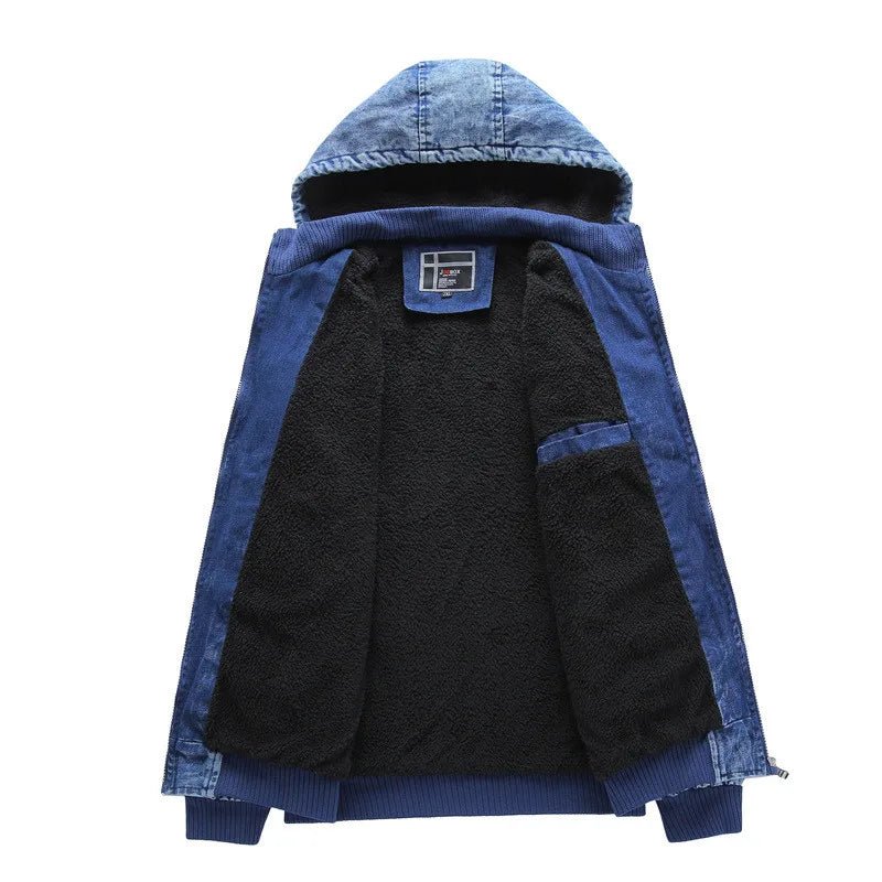 ABOORUN Men's Winter Denim Jackets Blue Fleece Hooded Jeans Jacket Brand Casual Cotton Coat for Male - PratSN