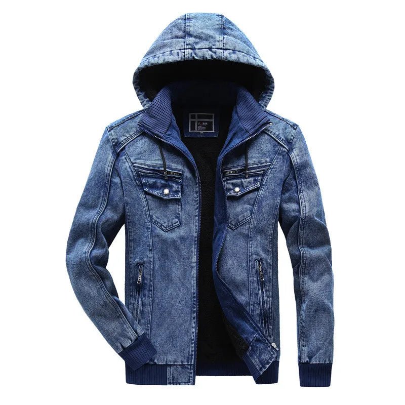 ABOORUN Men's Winter Denim Jackets Blue Fleece Hooded Jeans Jacket Brand Casual Cotton Coat for Male - PratSN