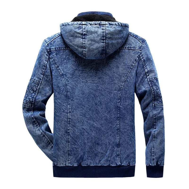 ABOORUN Men's Winter Denim Jackets Blue Fleece Hooded Jeans Jacket Brand Casual Cotton Coat for Male - PratSN