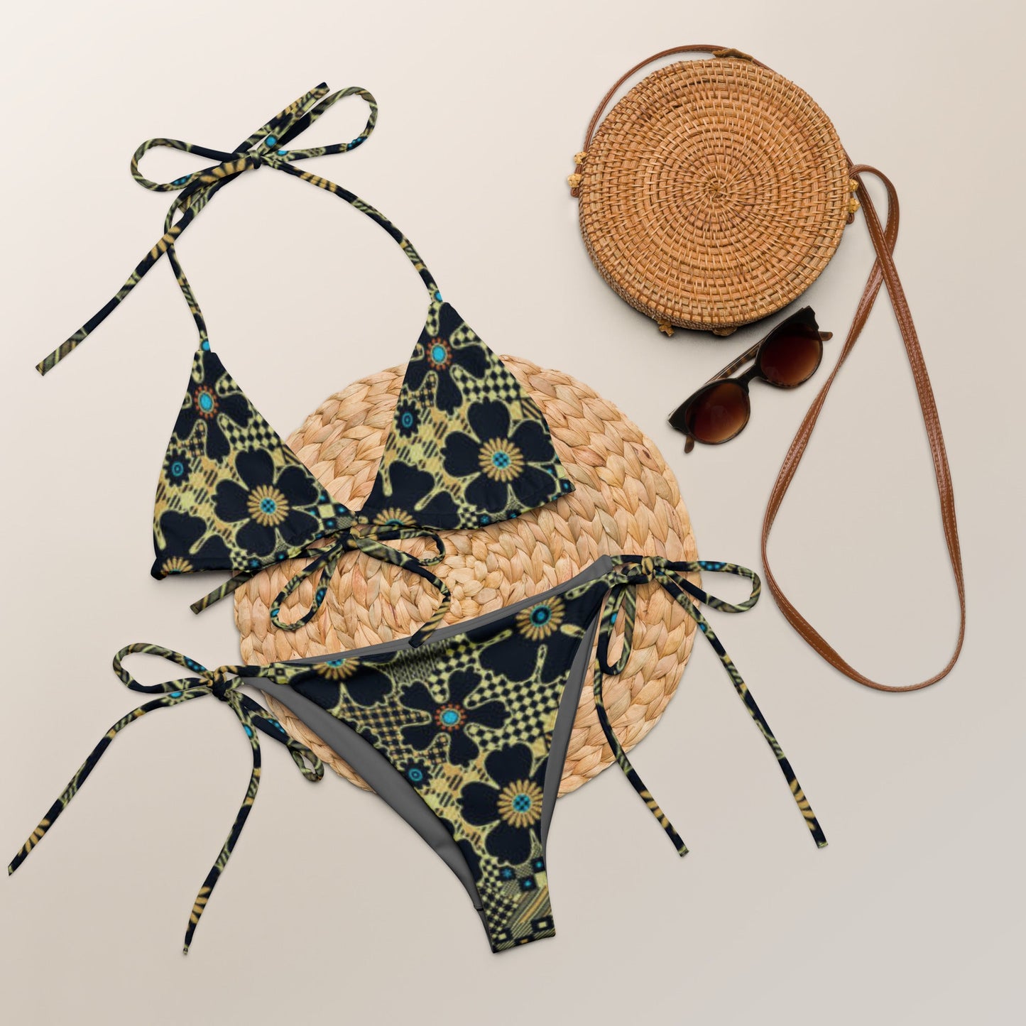 All - over print recycled string bikini, Black And Gold Bikini Floral bikini - PratSN