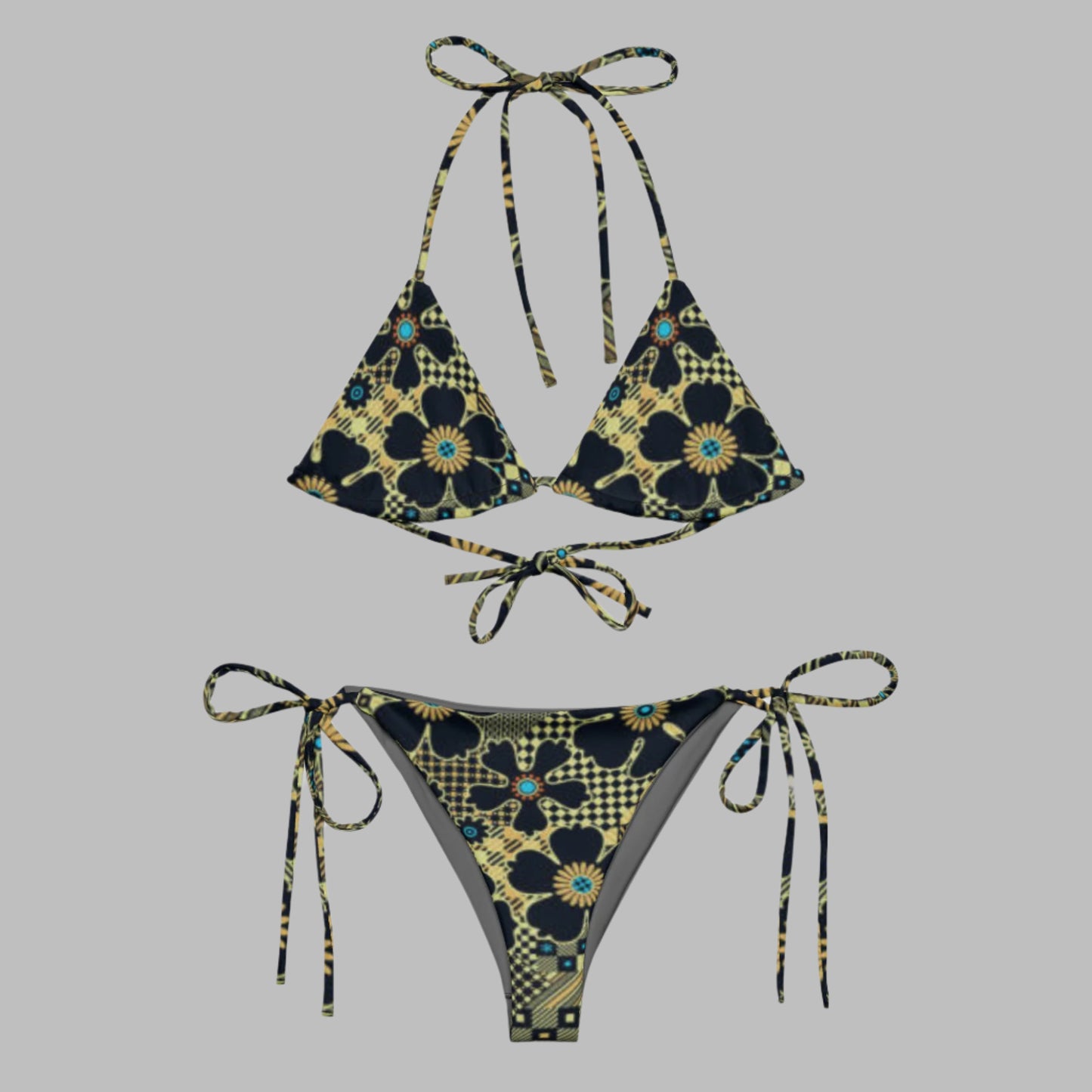 All - over print recycled string bikini, Black And Gold Bikini Floral bikini - PratSN