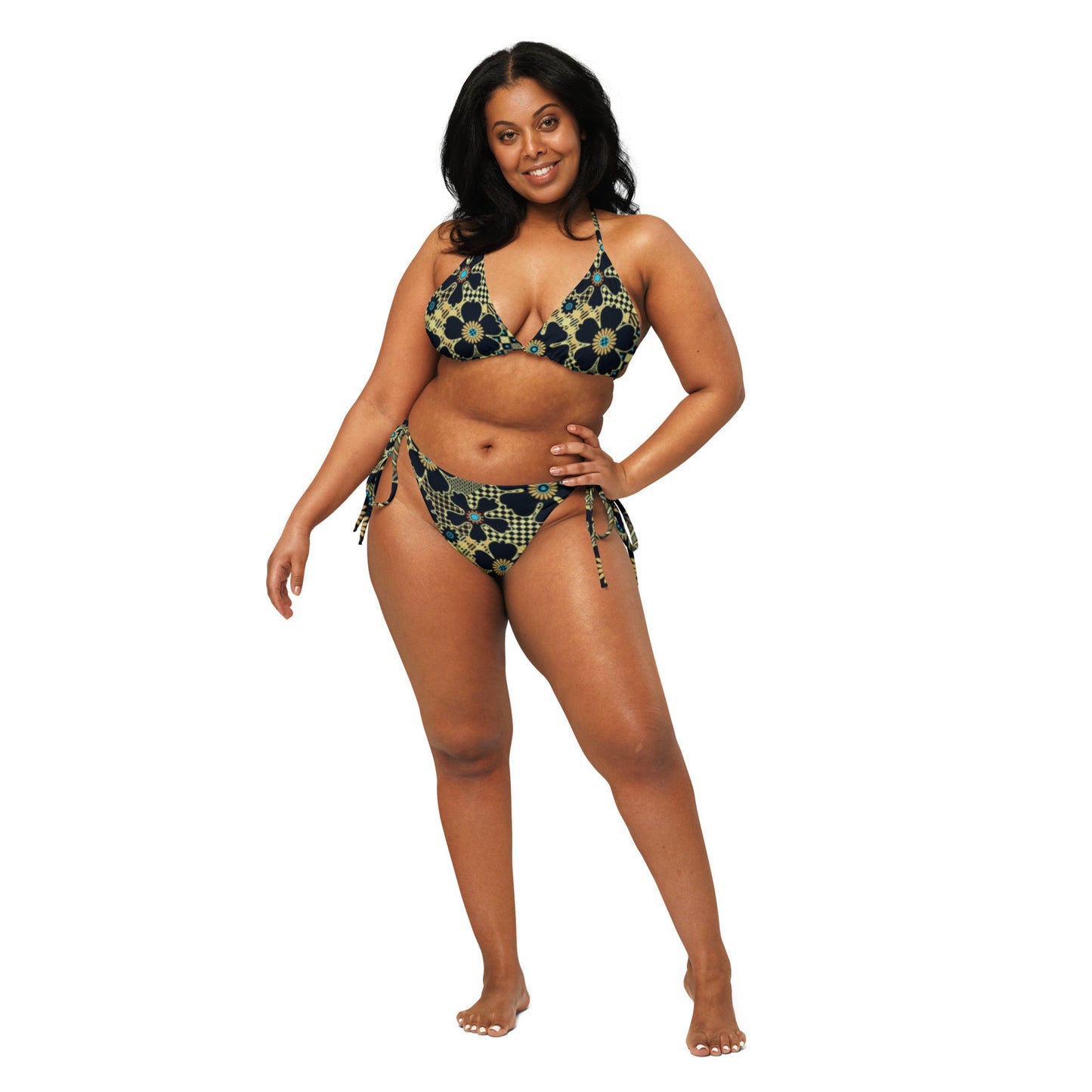 All - over print recycled string bikini, Black And Gold Bikini Floral bikini - PratSN