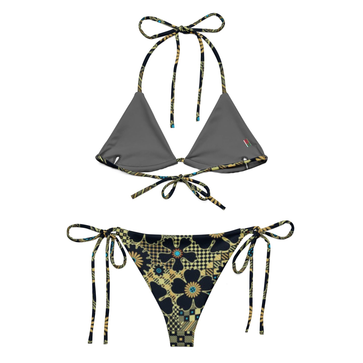 All - over print recycled string bikini, Black And Gold Bikini Floral bikini - PratSN