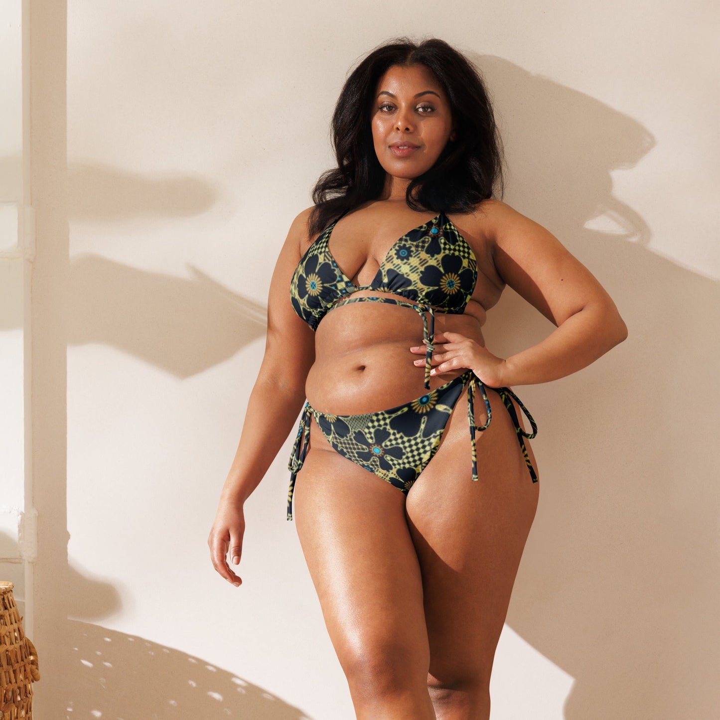 All - over print recycled string bikini, Black And Gold Bikini Floral bikini - PratSN