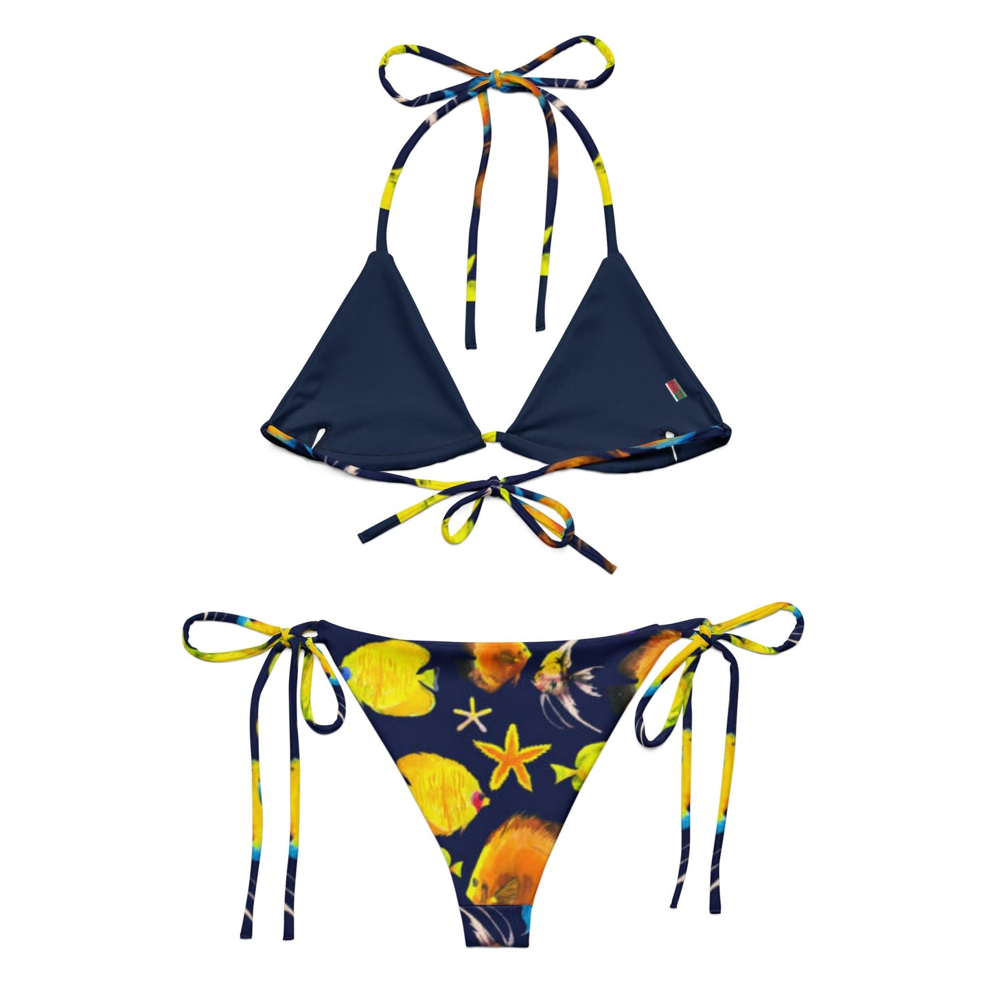 All - over print recycled string bikini, Blue Yellow Fish Pattern - PratSN