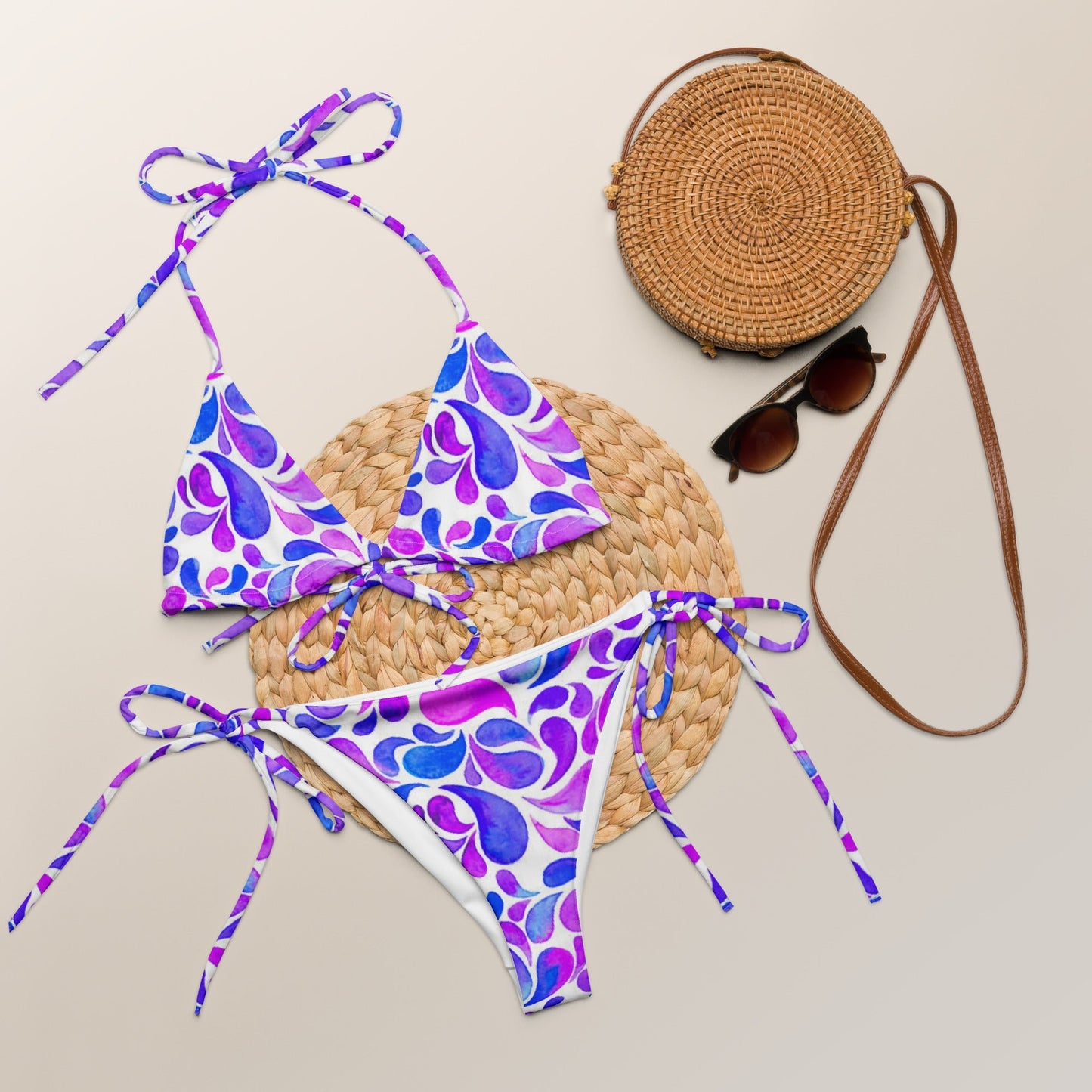 All - over print recycled string bikini, Floral Bikini, Purple White blue Bikini - PratSN