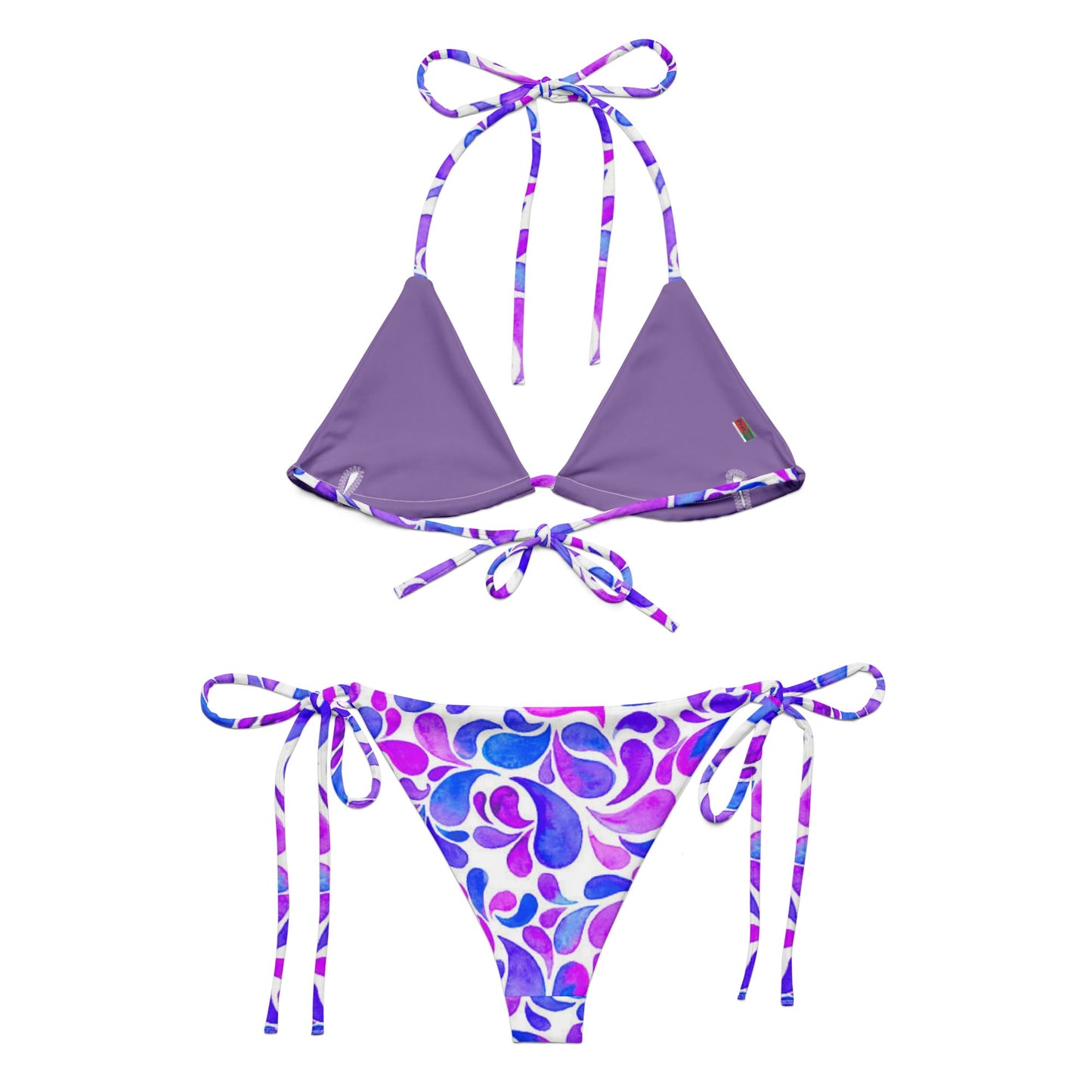 All - over print recycled string bikini, Floral Bikini, Purple White blue Bikini - PratSN