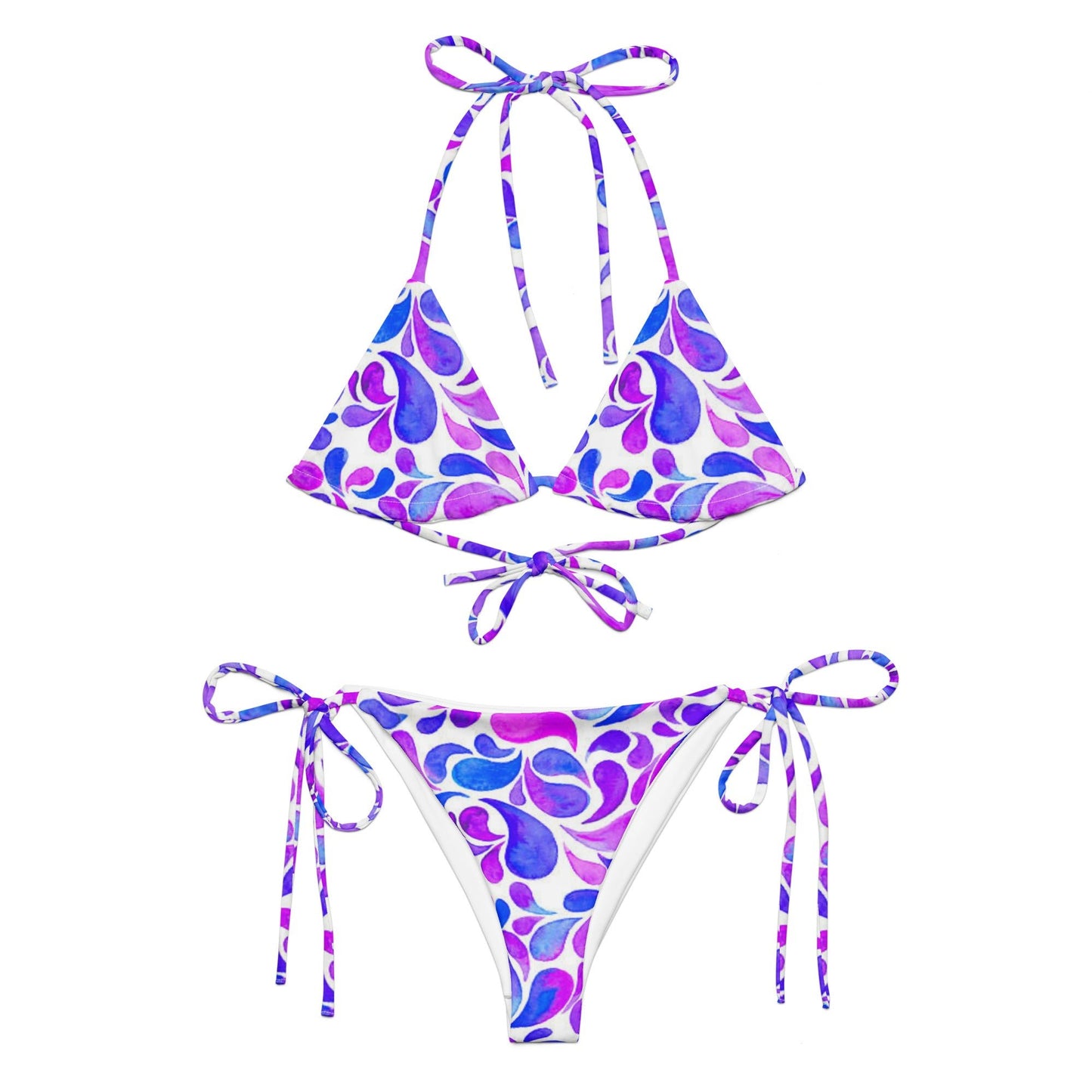 All - over print recycled string bikini, Floral Bikini, Purple White blue Bikini - PratSN