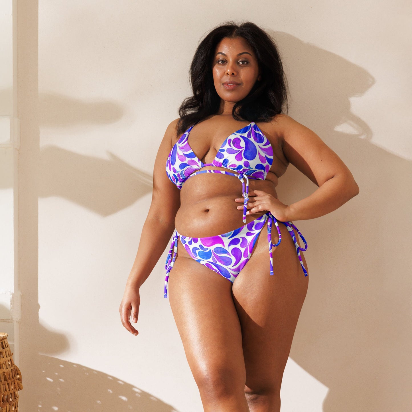All - over print recycled string bikini, Floral Bikini, Purple White blue Bikini - PratSN
