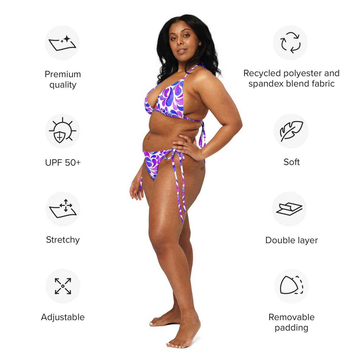 All - over print recycled string bikini, Floral Bikini, Purple White blue Bikini - PratSN
