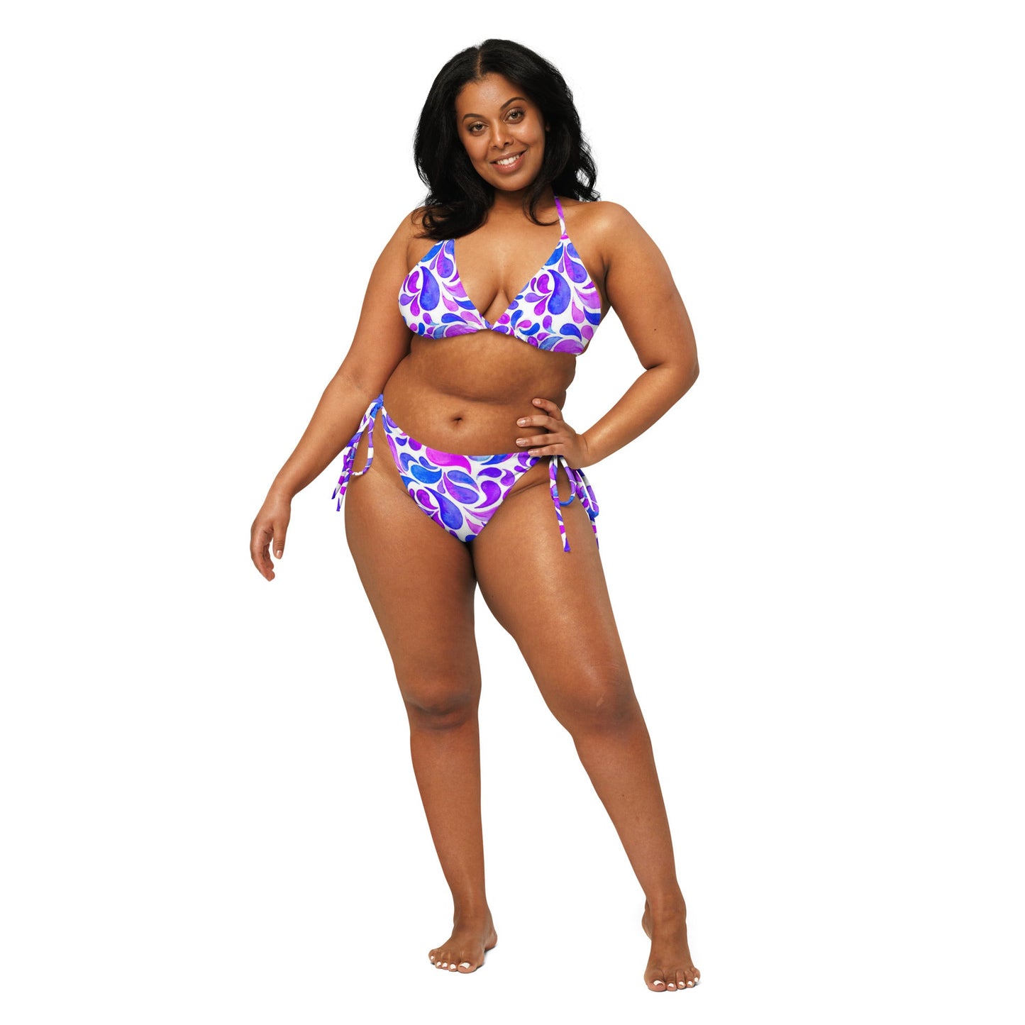 All - over print recycled string bikini, Floral Bikini, Purple White blue Bikini - PratSN