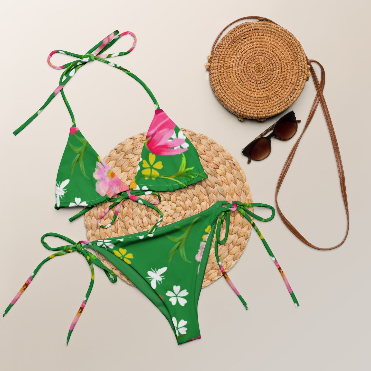All - over print recycled string bikini, Green pink Bikini, Floral Bikini, Cute Summer Bikini - PratSN