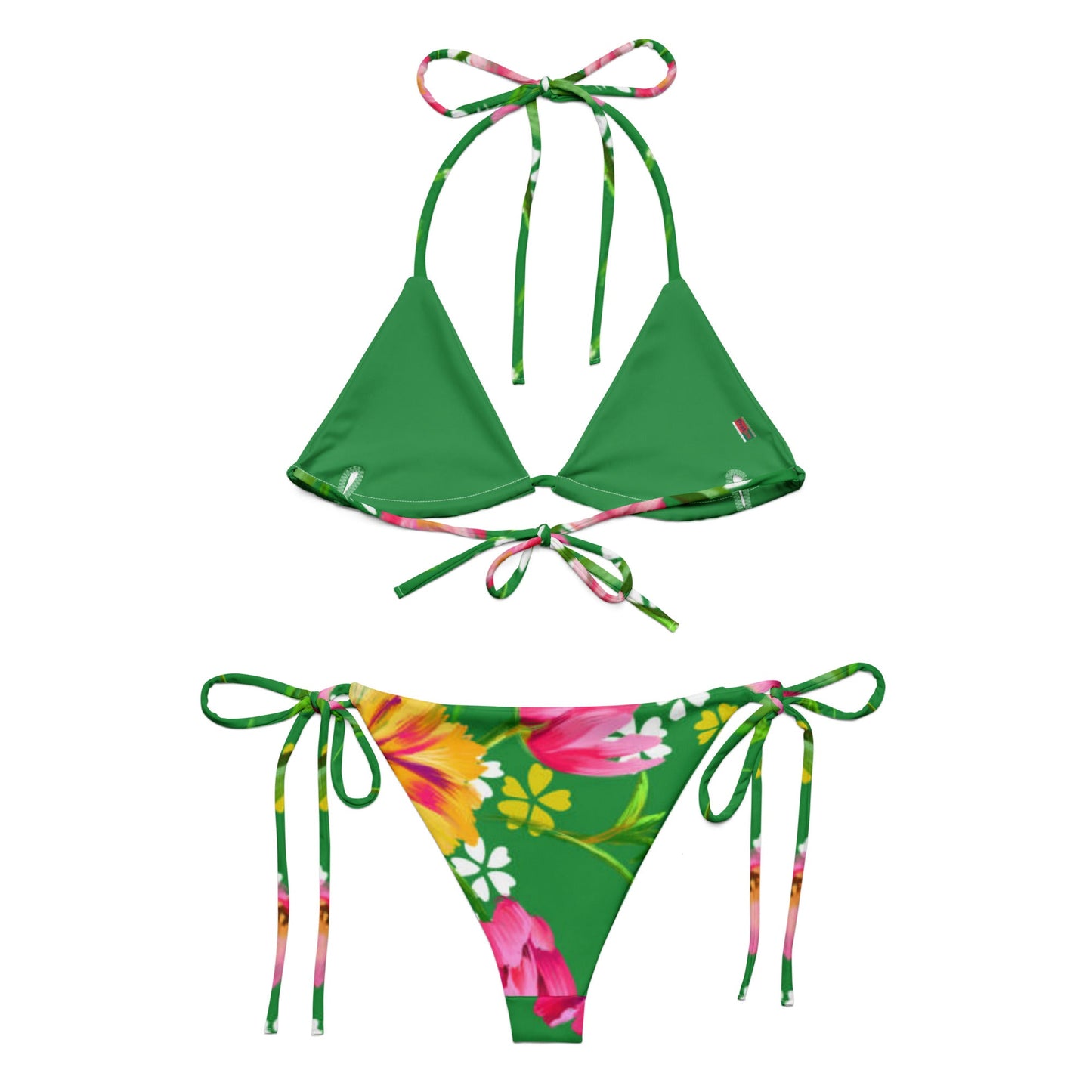 All - over print recycled string bikini, Green pink Bikini, Floral Bikini, Cute Summer Bikini - PratSN