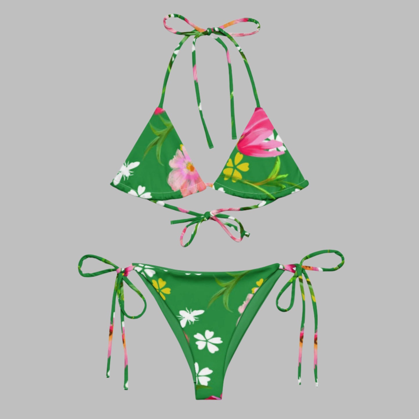 All - over print recycled string bikini, Green pink Bikini, Floral Bikini, Cute Summer Bikini - PratSN