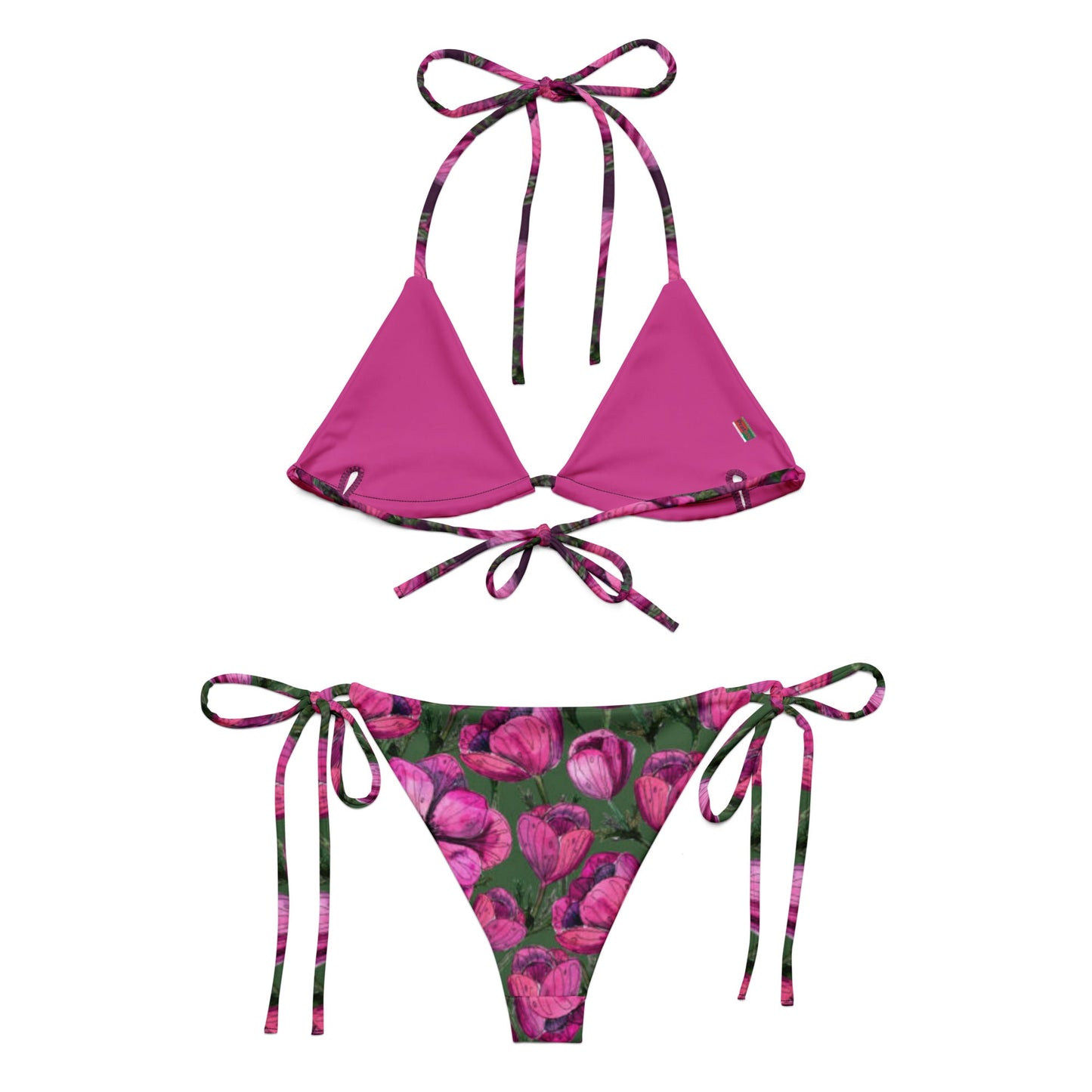 All - over print recycled string bikini, Green Pink Swimwear, Floral bathing suits, Swimming Suits. Women's Swimwear - PratSN