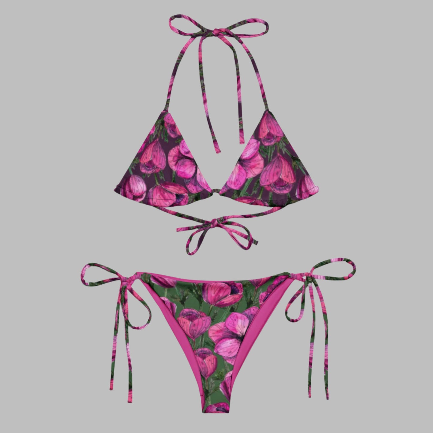 All - over print recycled string bikini, Green Pink Swimwear, Floral bathing suits, Swimming Suits. Women's Swimwear - PratSN