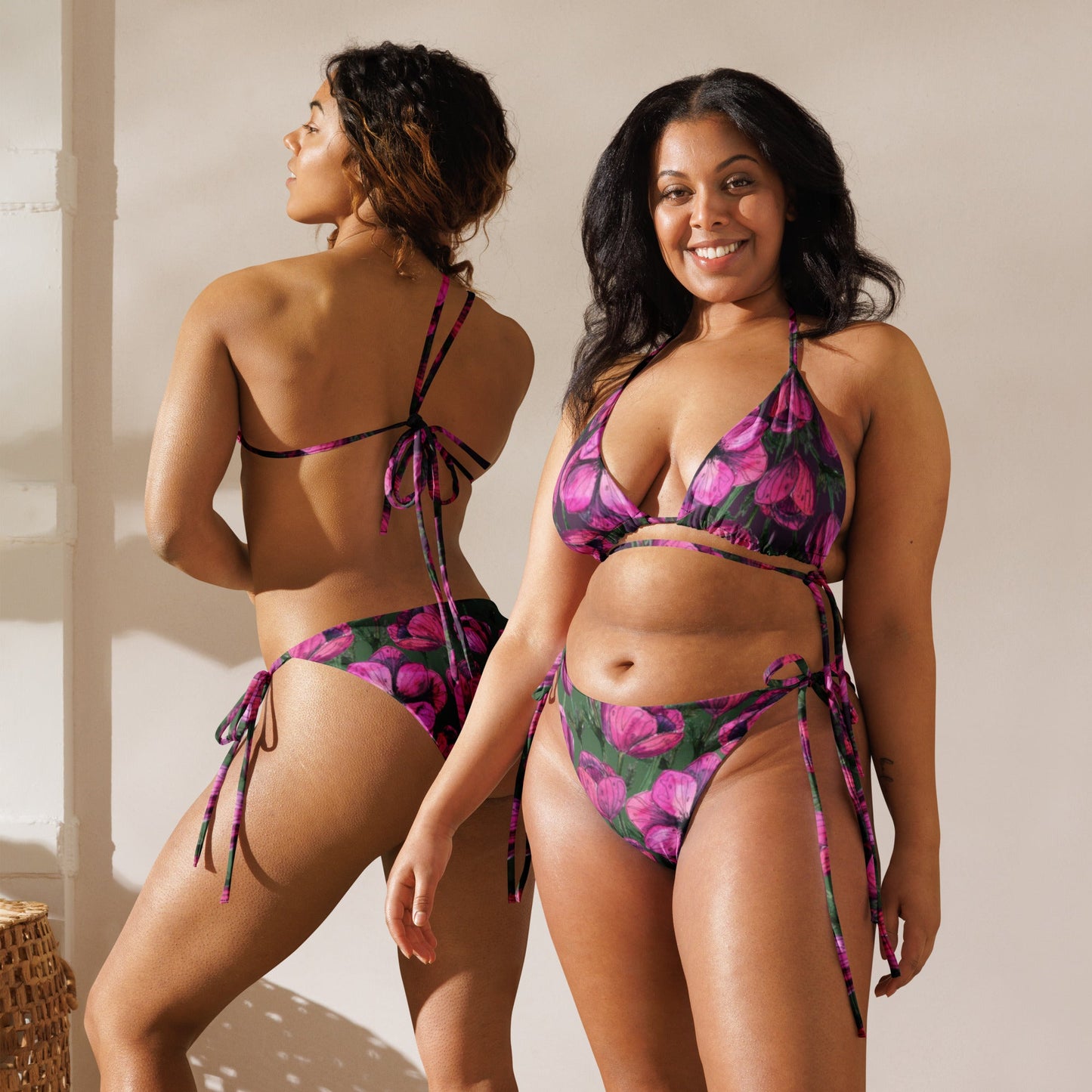 All - over print recycled string bikini, Green Pink Swimwear, Floral bathing suits, Swimming Suits. Women's Swimwear - PratSN