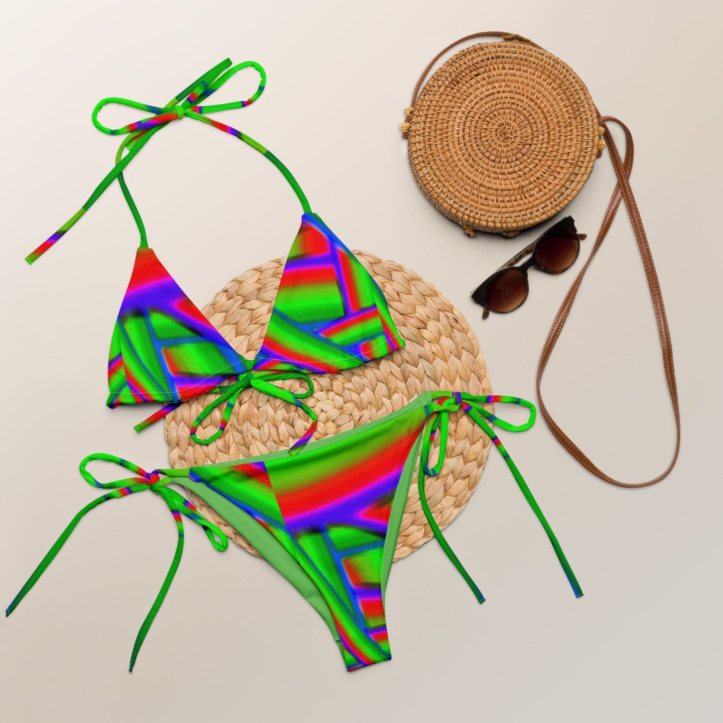 All - over print recycled string bikini Lime green Blue Bikini - PratSN