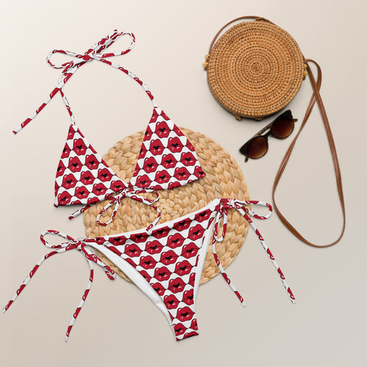 All - over print recycled string bikini, Red Lips Pattern outfit, bathing suits, Swimming Suits. Women's Swimwear - PratSN