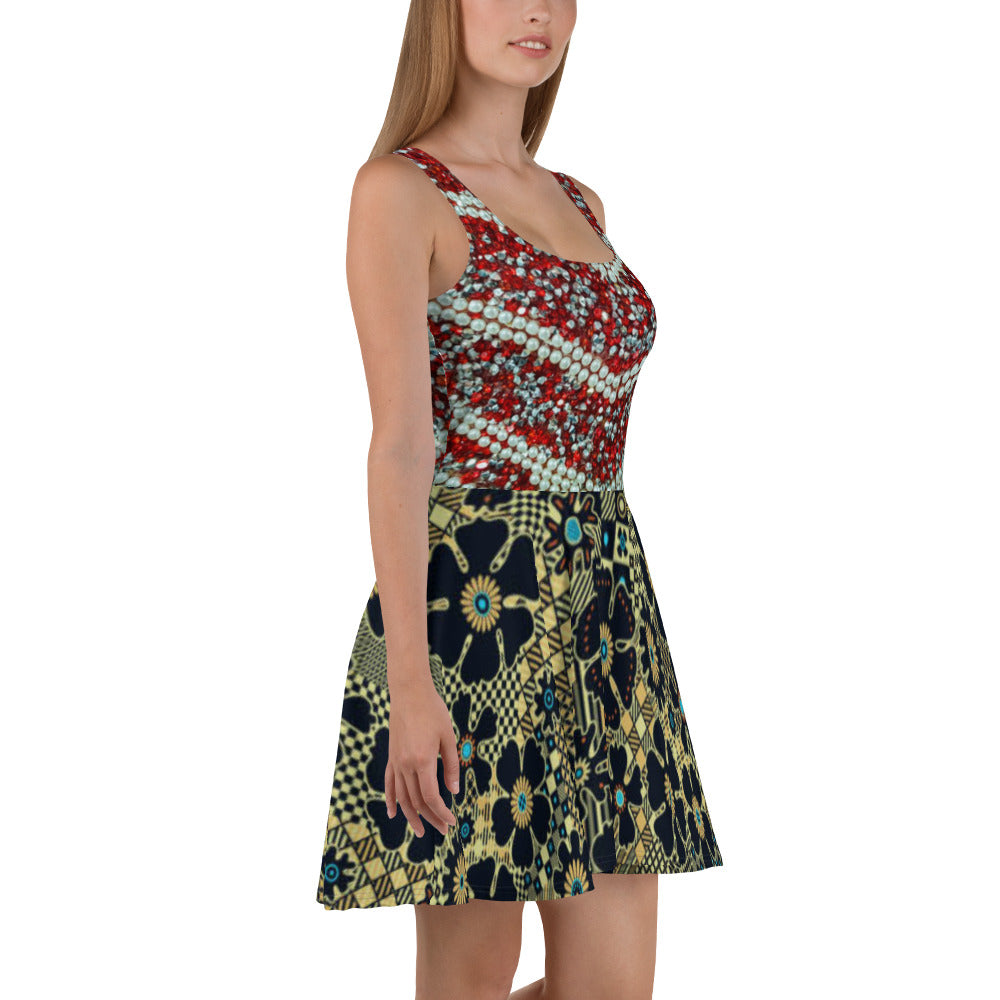 Spring Skater Dress, Red Black Sleeveless Mini Dress, Floral Print Clubwear