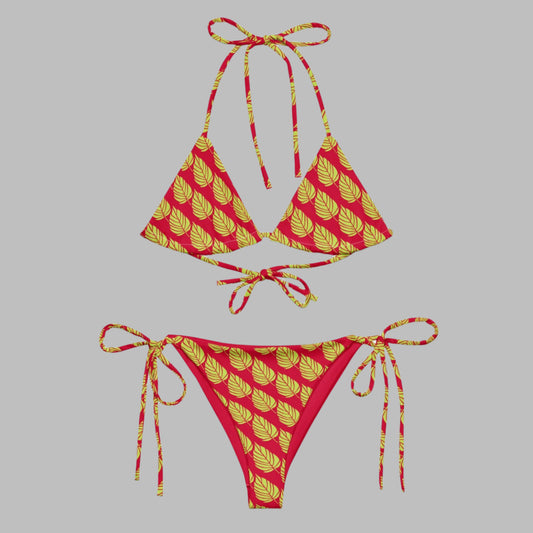 All - over print string bikini, Red green bikini, leaf pattern summer bikini - PratSN