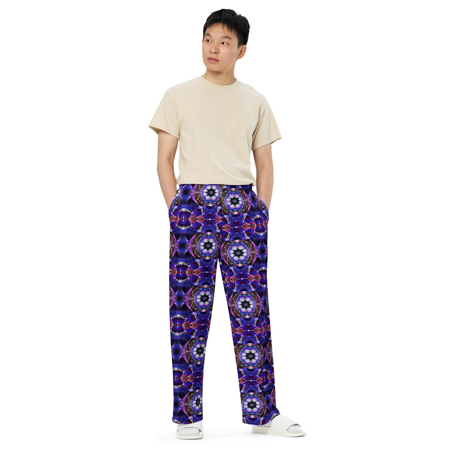 All - over print unisex wide - leg pants, Blue Floral Pattern Wide leg pants Comfortable wide - leg pants - PratSN