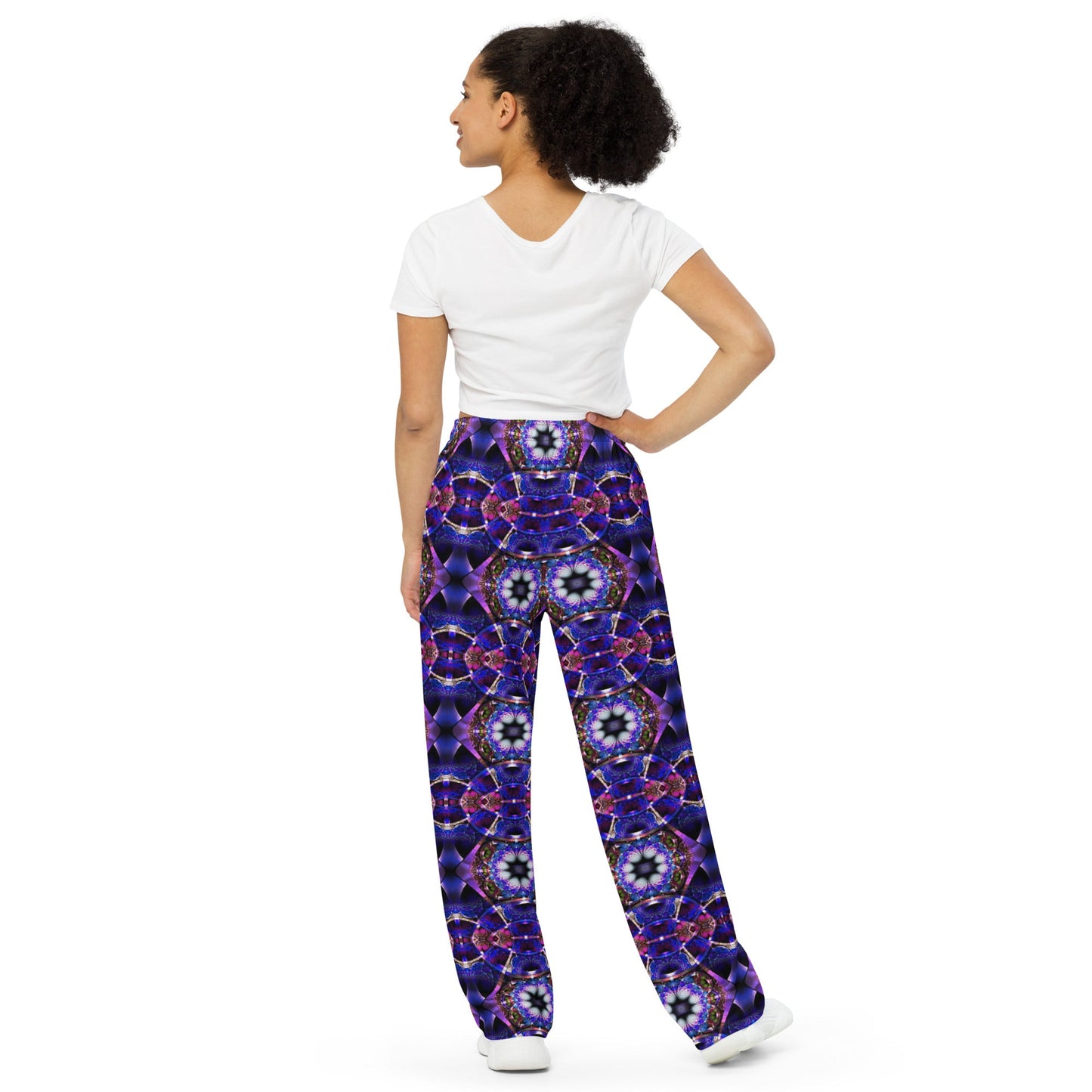 All - over print unisex wide - leg pants, Blue Floral Pattern Wide leg pants Comfortable wide - leg pants - PratSN