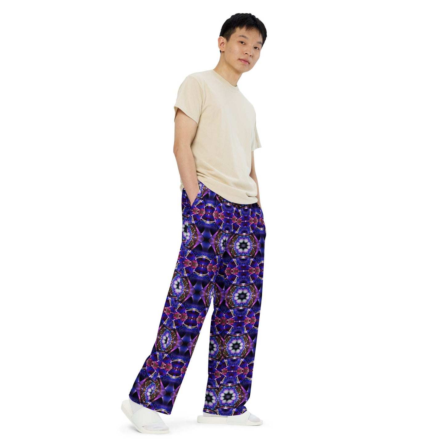 All - over print unisex wide - leg pants, Blue Floral Pattern Wide leg pants Comfortable wide - leg pants - PratSN