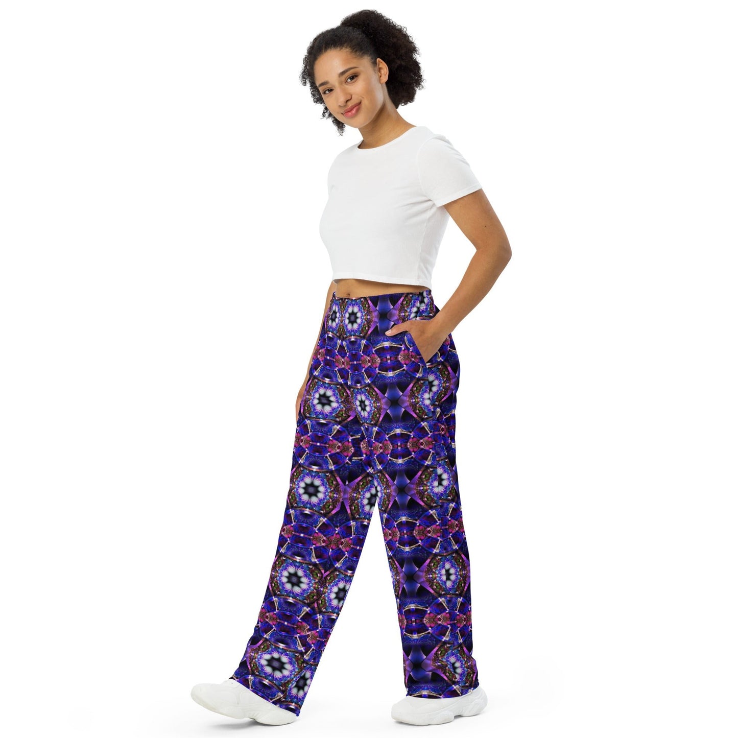 All - over print unisex wide - leg pants, Blue Floral Pattern Wide leg pants Comfortable wide - leg pants - PratSN