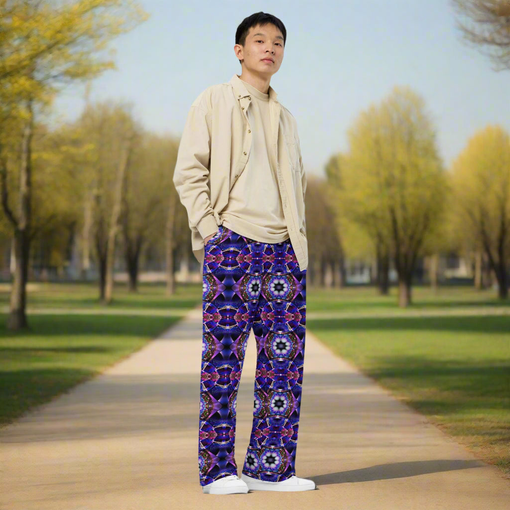 All - over print unisex wide - leg pants, Blue Floral Pattern Wide leg pants Comfortable wide - leg pants - PratSN