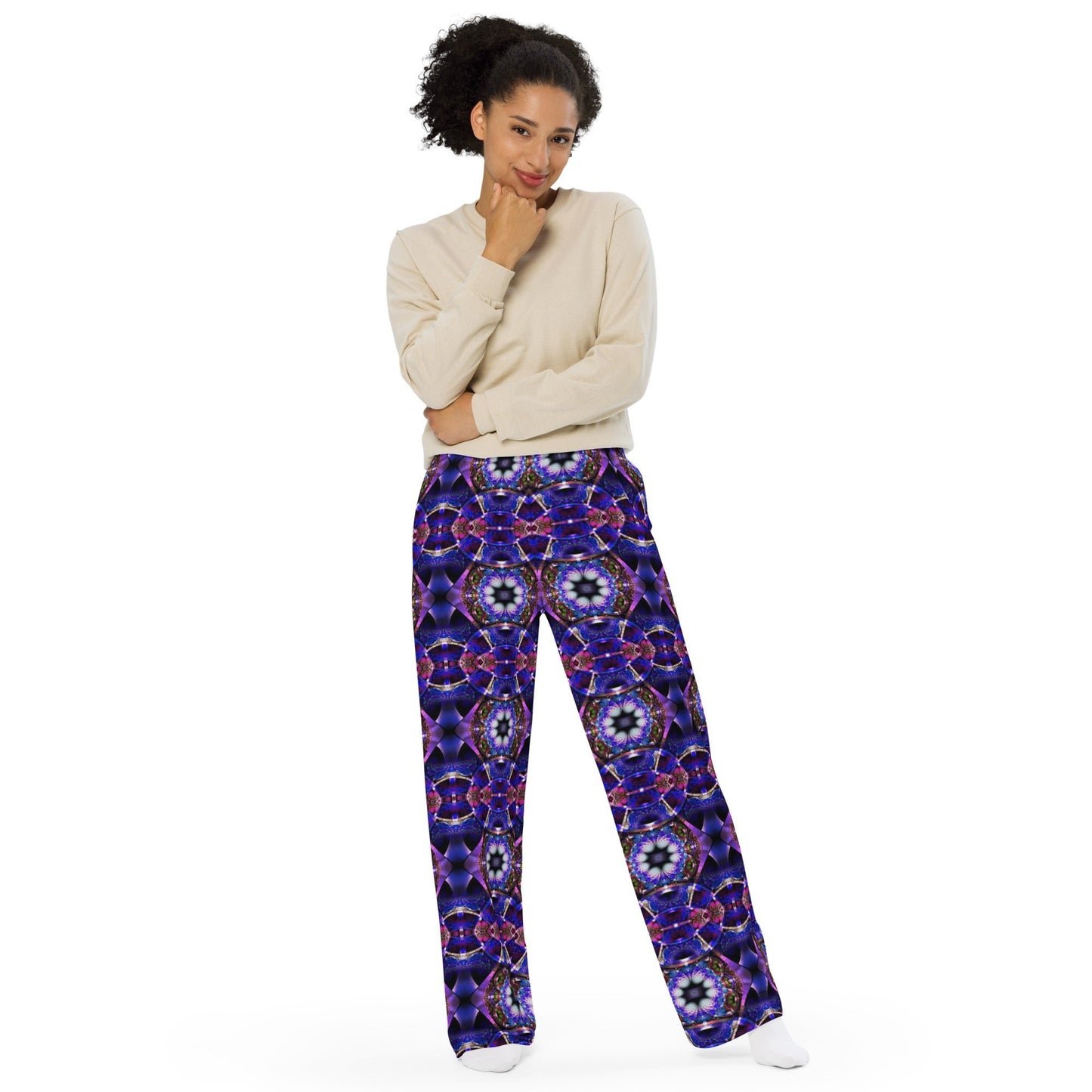 All - over print unisex wide - leg pants, Blue Floral Pattern Wide leg pants Comfortable wide - leg pants - PratSN