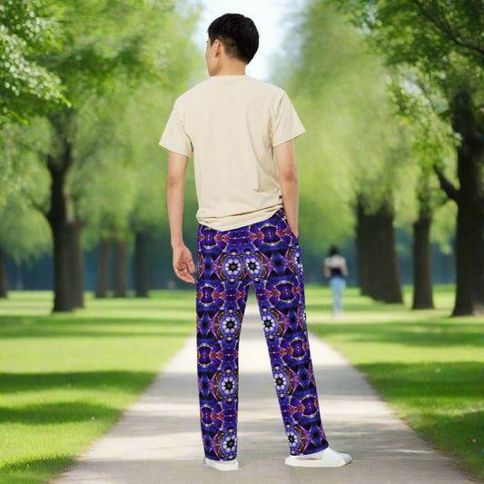 All - over print unisex wide - leg pants, Blue Floral Pattern Wide leg pants Comfortable wide - leg pants - PratSN