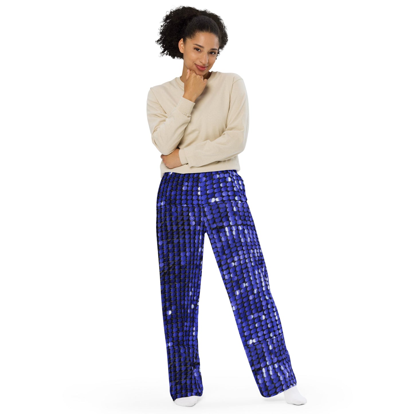 All - over print unisex wide - leg pants, Blue Rhinestone Print wide - leg pants, Comfortable wide - leg pants - PratSN