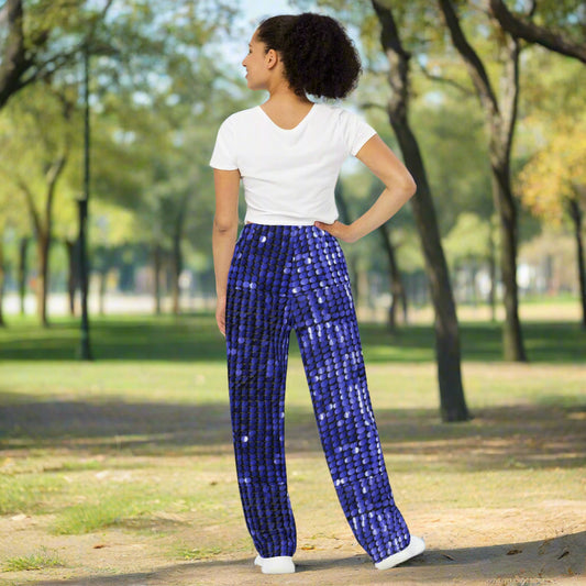 All - over print unisex wide - leg pants, Blue Rhinestone Print wide - leg pants, Comfortable wide - leg pants - PratSN