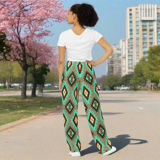 All - over print unisex wide - leg pants, Geometric pattern wide - leg pants Women's wide - leg pant, Comfortable - PratSN