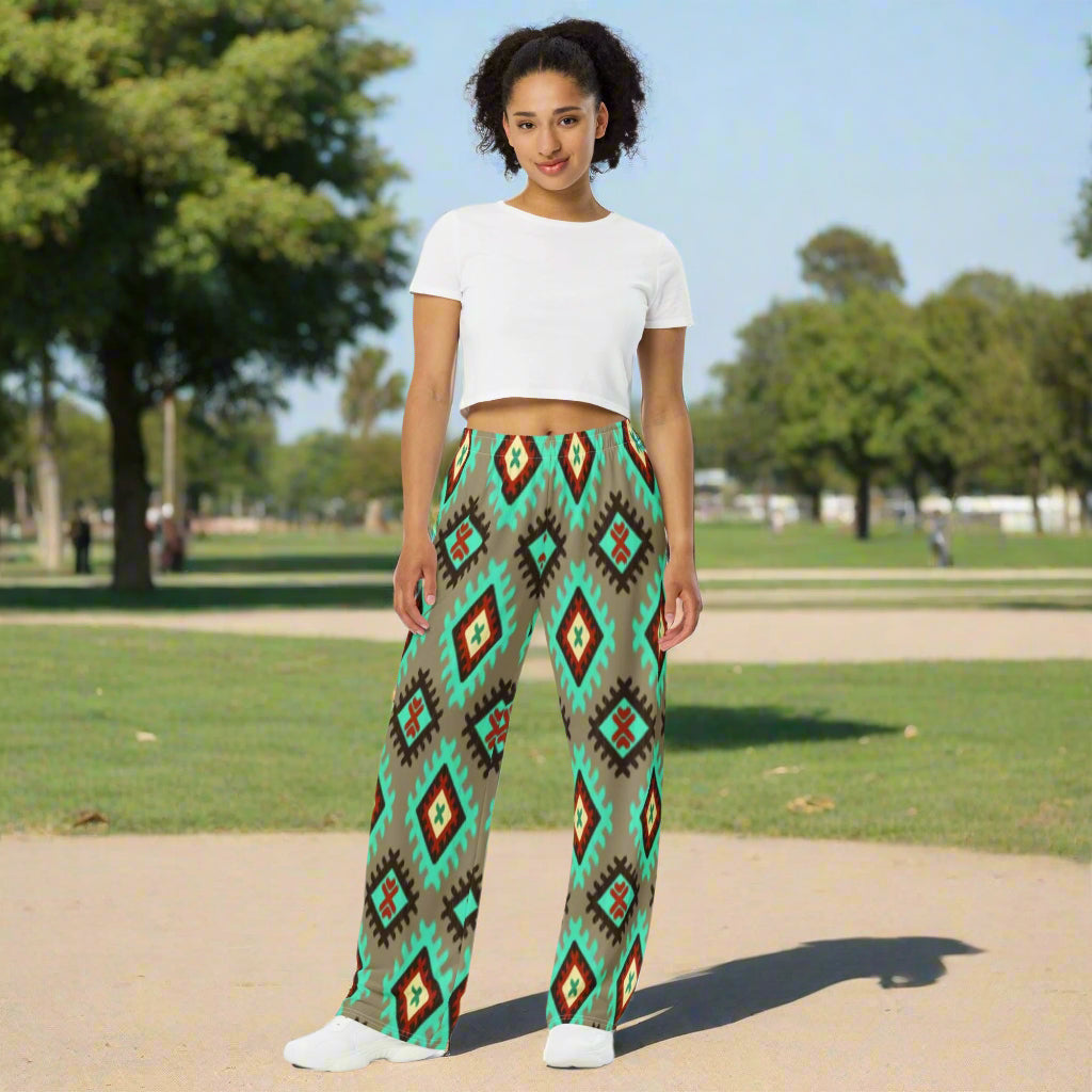 All - over print unisex wide - leg pants, Geometric pattern wide - leg pants Women's wide - leg pant, Comfortable - PratSN