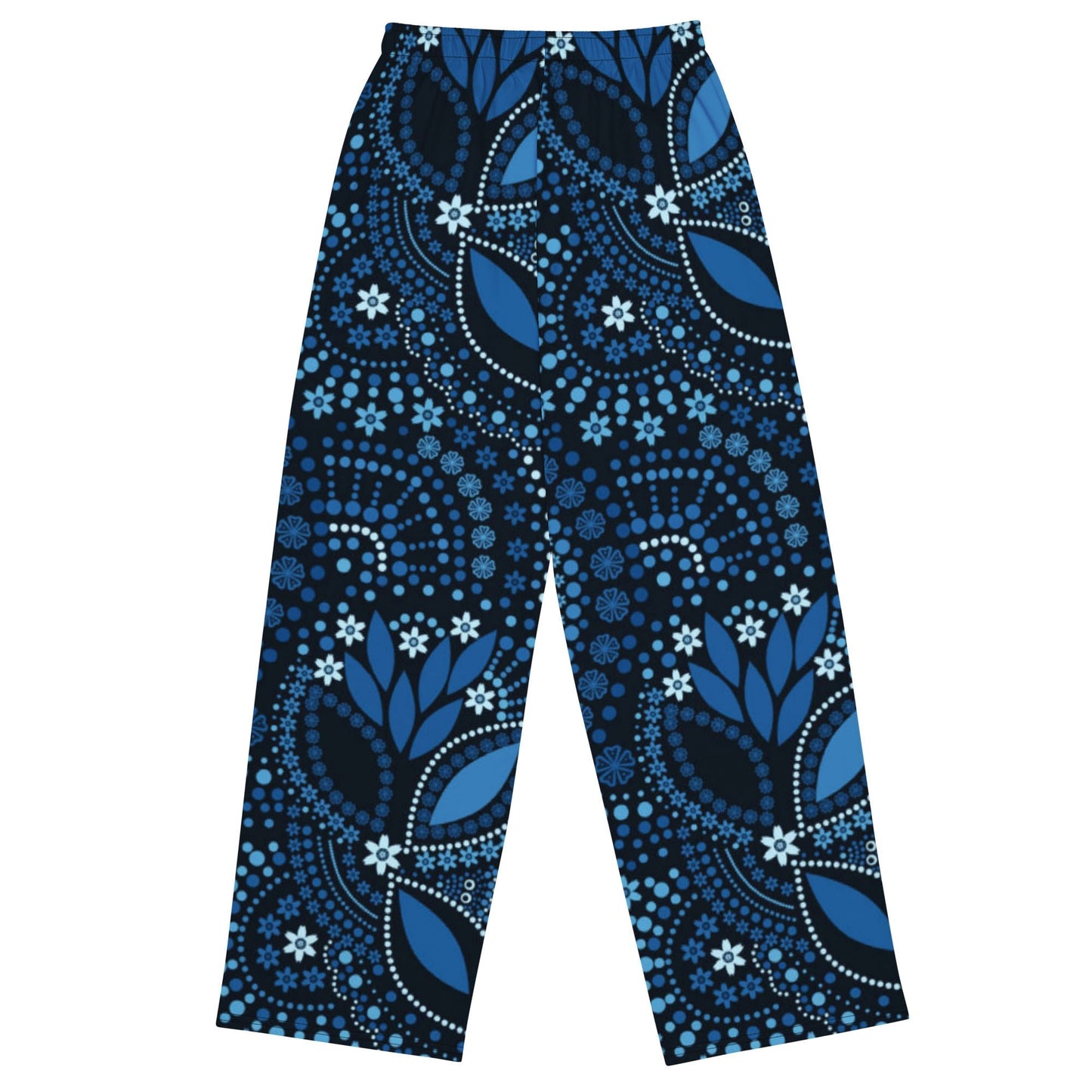 All - over print unisex wide - leg pants, Loose Fit Back Elastic Blue floral Front Trousers for Work Casual - PratSN