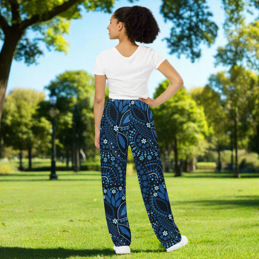 All - over print unisex wide - leg pants, Loose Fit Back Elastic Blue floral Front Trousers for Work Casual - PratSN