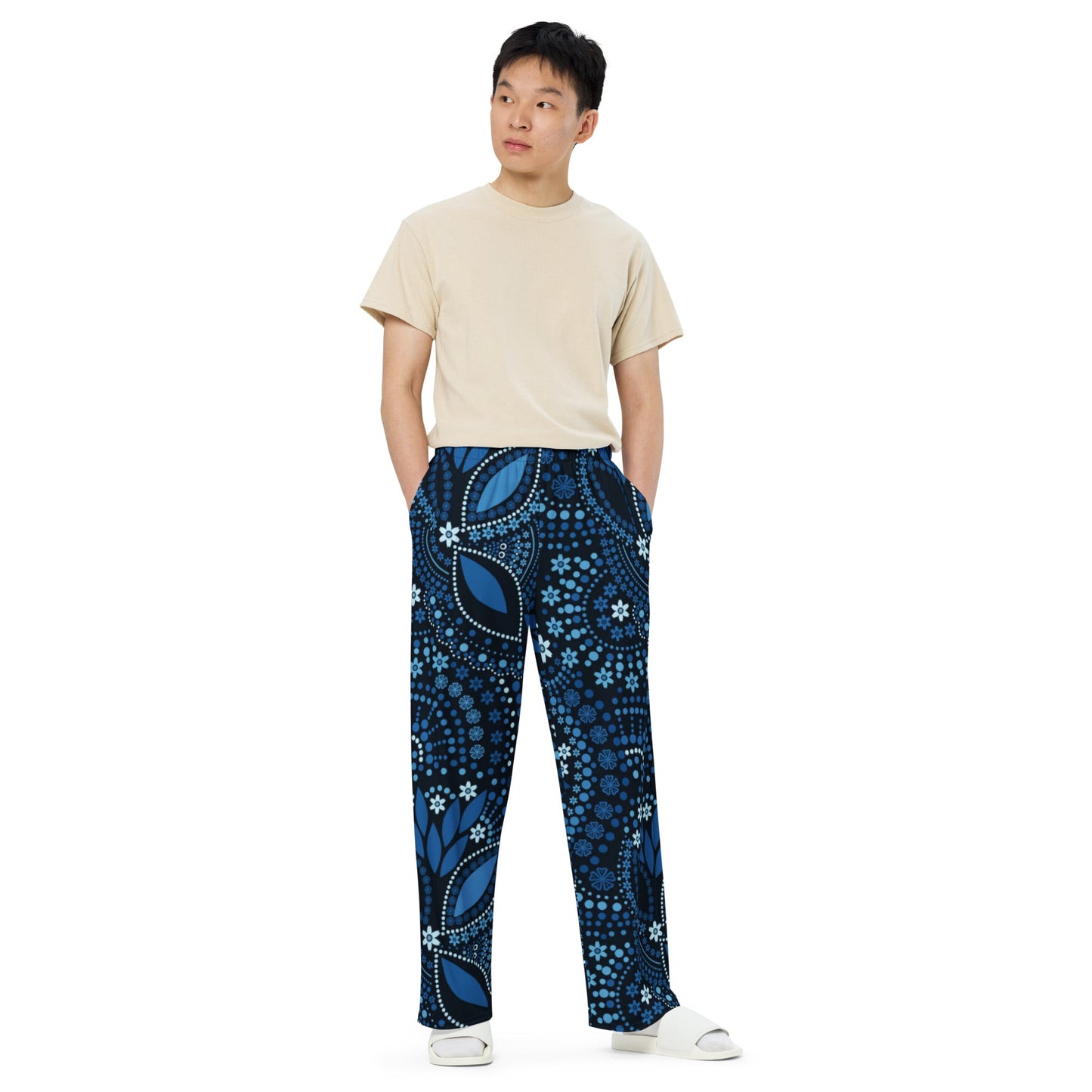 All - over print unisex wide - leg pants, Loose Fit Back Elastic Blue floral Front Trousers for Work Casual - PratSN