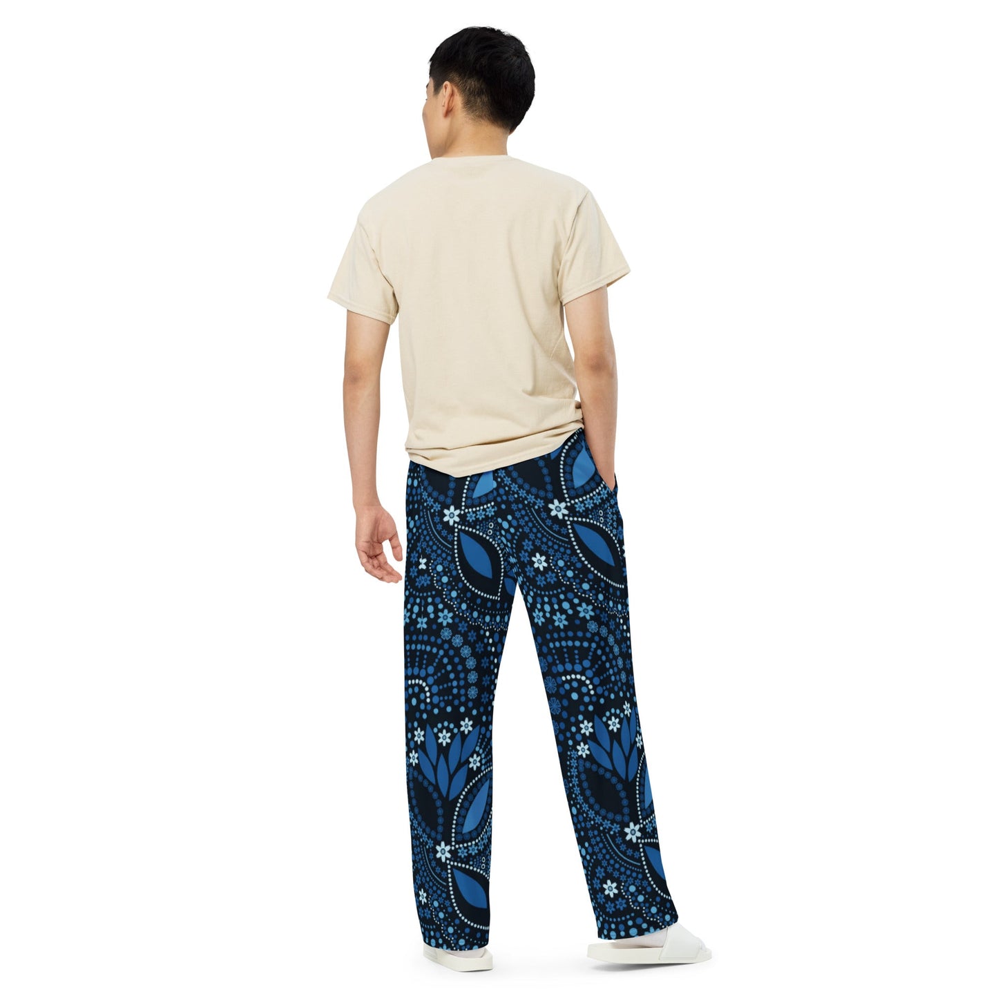 All - over print unisex wide - leg pants, Loose Fit Back Elastic Blue floral Front Trousers for Work Casual - PratSN