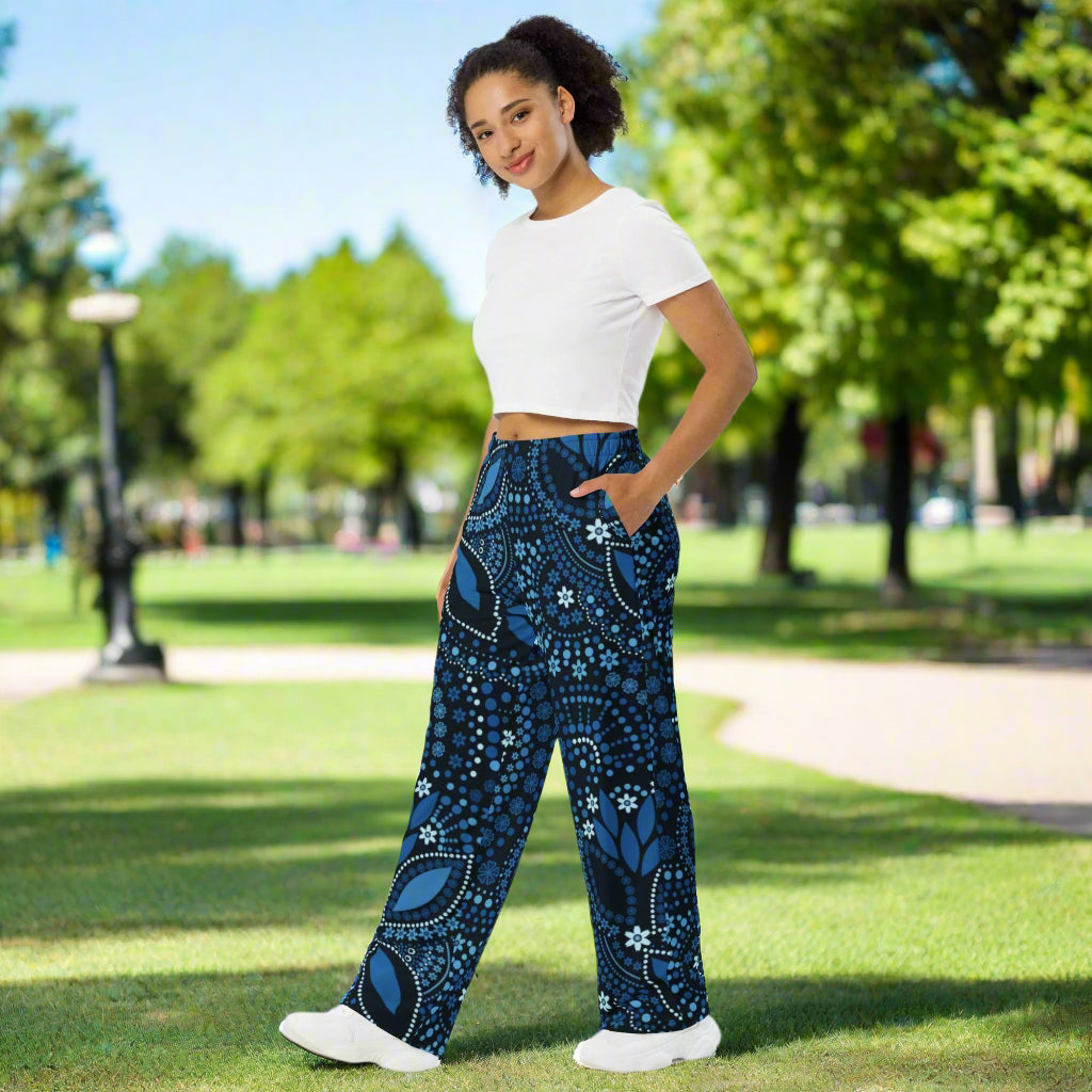 All - over print unisex wide - leg pants, Loose Fit Back Elastic Blue floral Front Trousers for Work Casual - PratSN