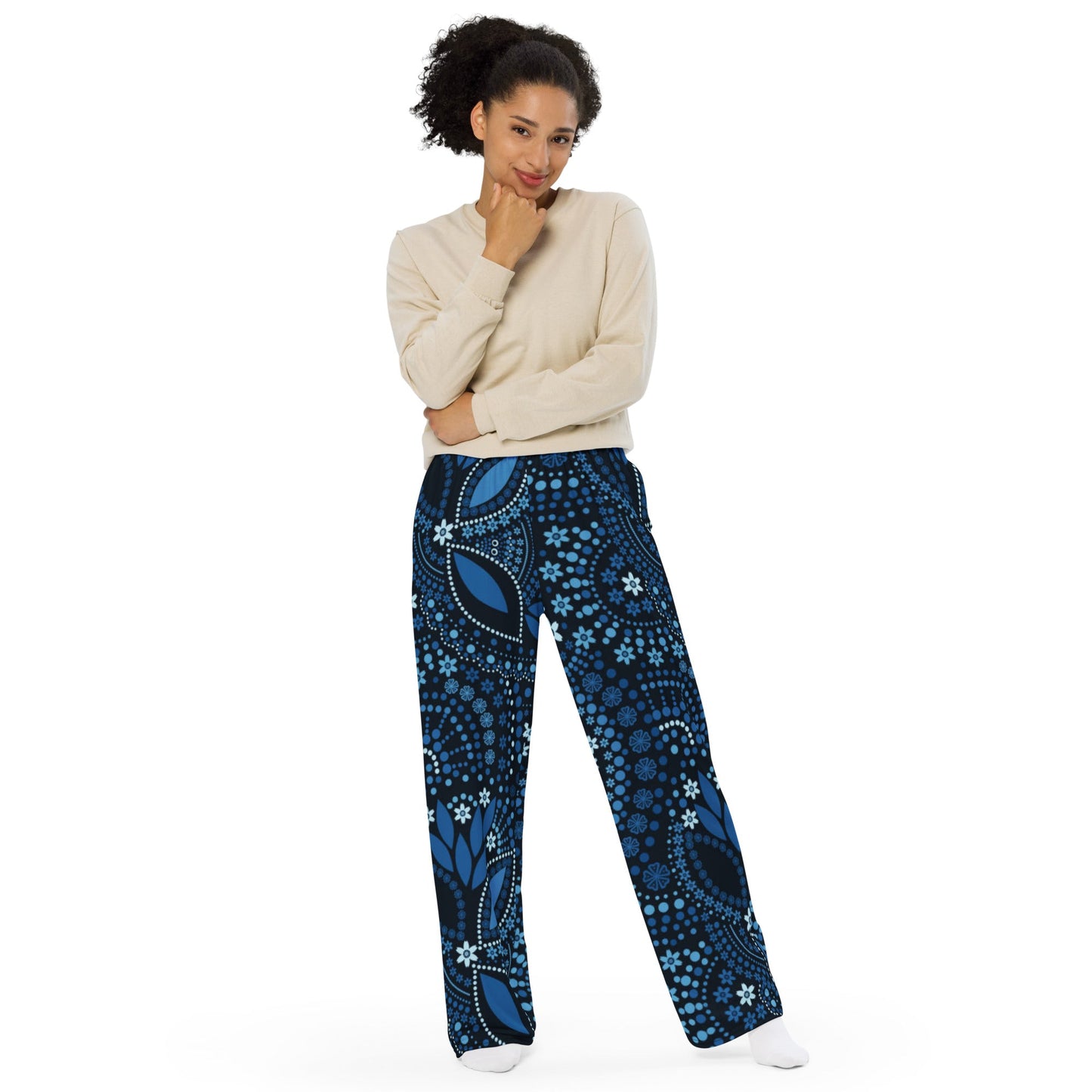 All - over print unisex wide - leg pants, Loose Fit Back Elastic Blue floral Front Trousers for Work Casual - PratSN