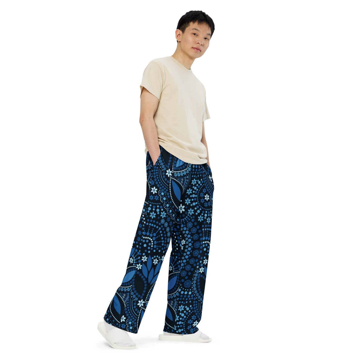 All - over print unisex wide - leg pants, Loose Fit Back Elastic Blue floral Front Trousers for Work Casual - PratSN