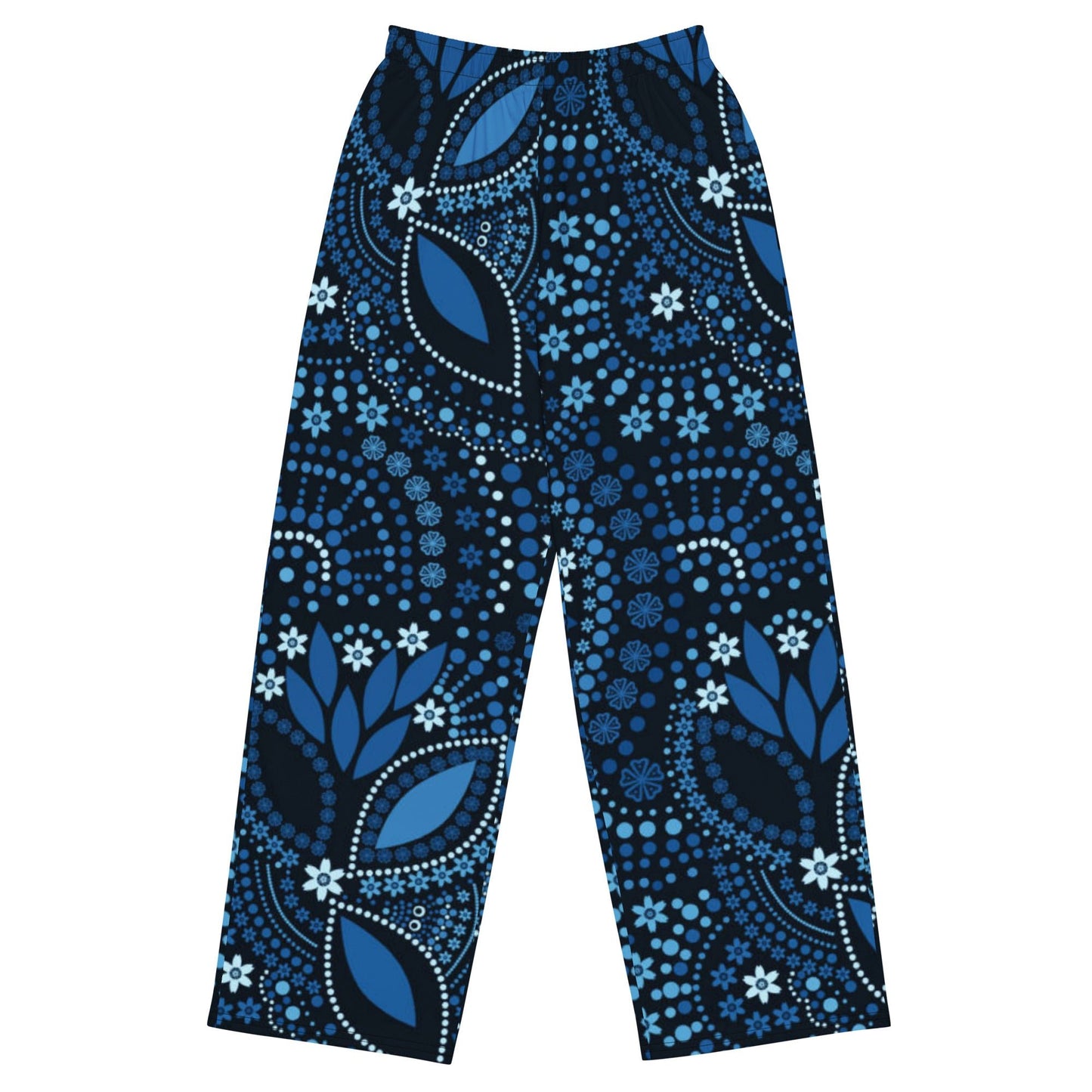 All - over print unisex wide - leg pants, Loose Fit Back Elastic Blue floral Front Trousers for Work Casual - PratSN