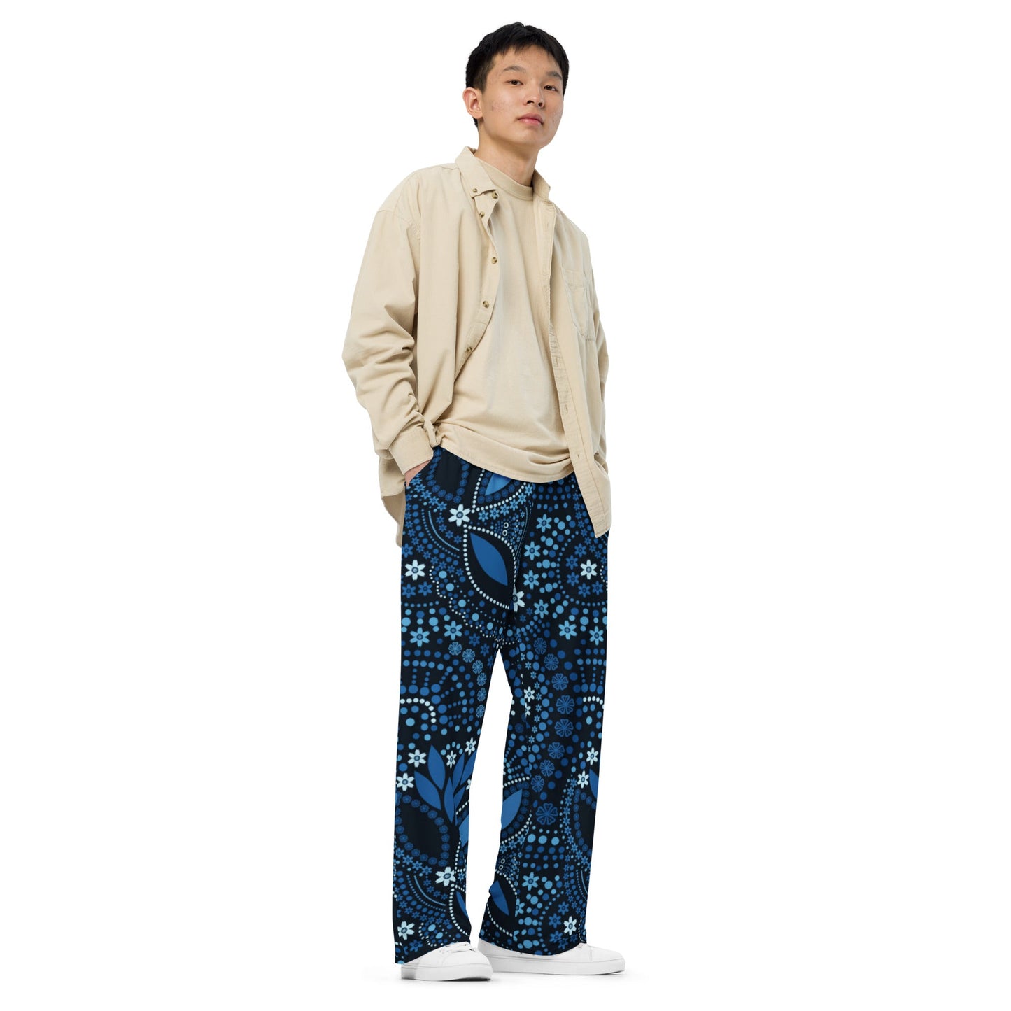 All - over print unisex wide - leg pants, Loose Fit Back Elastic Blue floral Front Trousers for Work Casual - PratSN